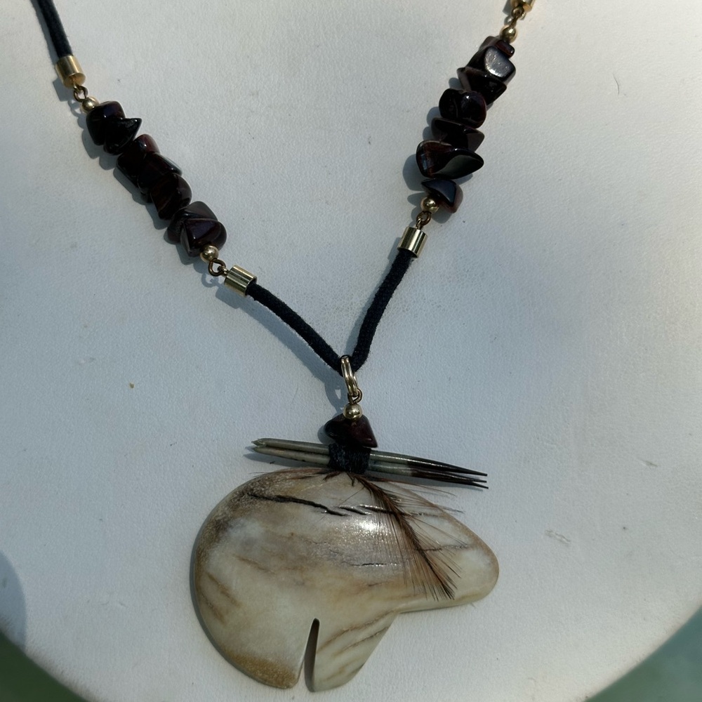 Natural Horn Bear Amulet w Porcupine Quills & Brown Hematite Beads Necklace